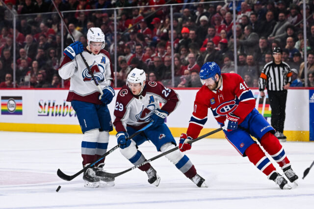Nathan MacKinnon skates away from a Habs defender.