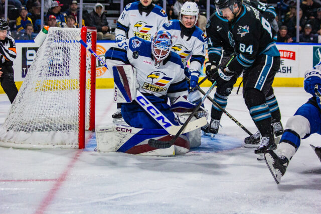 Isak Posch makes a stop against San Jose, but the Eagles lost the special teams battle.