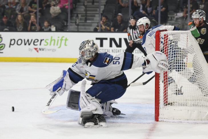Trent Miner makes a save in his shutout win against the Henderson Silver Knights.