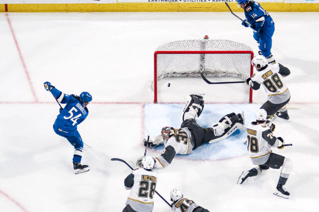 Gavin Brindley scores a power play goal against the Henderson Silver Knights. (Photo courtesy of the Colorado Eagles.)