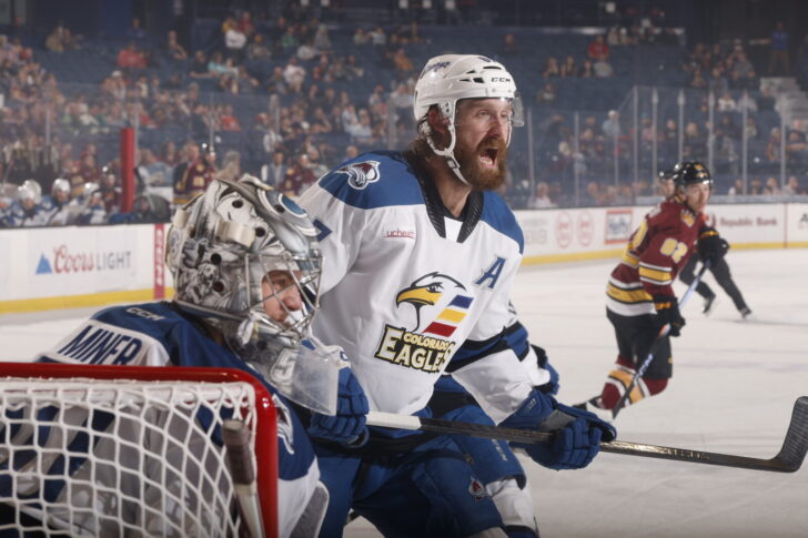 Keaton Middleton in front of Trent Miner's net in game three of the Western Conference Finals. (Photo courtesy of Chicago Wolves.)
